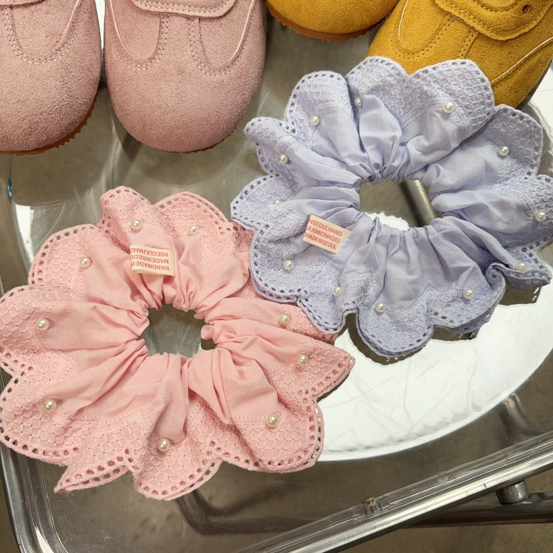 E廠-韓國小清新珍珠刺繡蕾絲大腸髮圈2025新款扎馬尾氣質髮飾丸子頭繩「27076」25.06-3