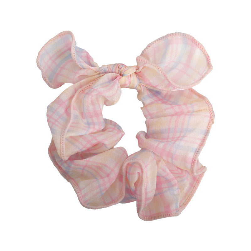 E廠-可愛奶油系淺色格子蝴蝶結大腸髮圈甜美珍珠蝴蝶結髮夾髮飾髮繩女「27114」25.06-4