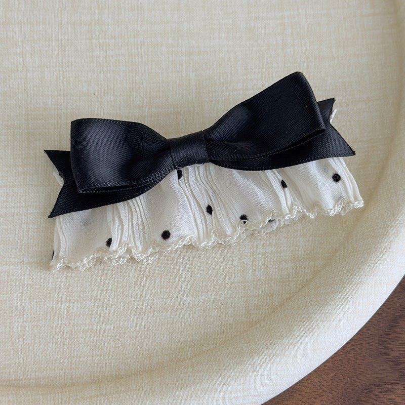 E廠-韓系溫柔布藝點點蕾絲花邊蝴蝶結髮夾側邊夾瀏海夾子甜美ins頭飾「27014」25.05-5