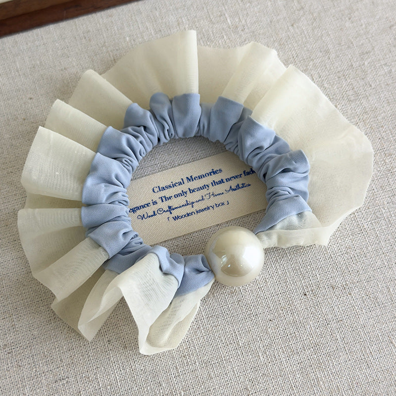 E廠-軟萌奶藍色蕾絲花邊珍珠髮圈甜美少女心大腸圈扎髮繩頭花皮筋頭飾「27115」25.06-4