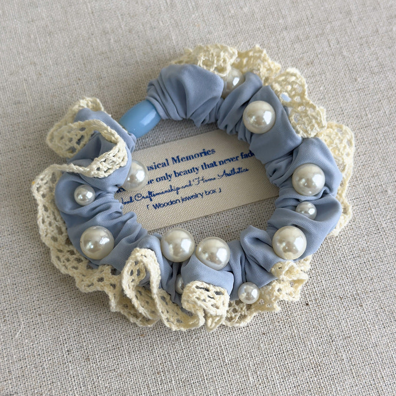 E廠-軟萌奶藍色蕾絲花邊珍珠髮圈甜美少女心大腸圈扎髮繩頭花皮筋頭飾「27115」25.06-4