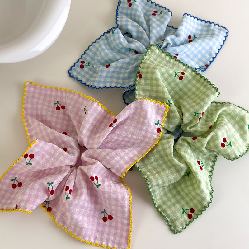 E廠-甜美韓國格子櫻桃方巾大腸髮圈女方形紮頭髮低馬尾髮繩頭繩髮飾品「27018」25.05-5