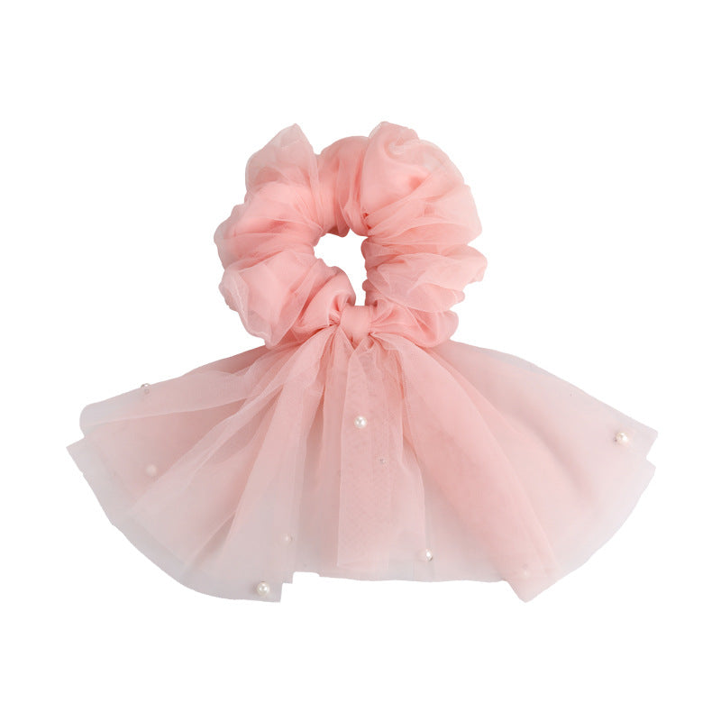 E廠-仙飄逸春夏新款韓國網紗釘珍珠魚尾飄帶大腸圈髮圈甜美馬尾頭繩「26885」25.05-1