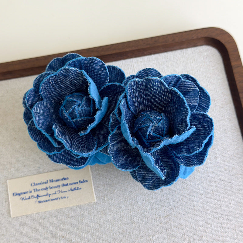 E廠-易夢玲同款復古牛仔山茶花香蕉夾高級感森系風竪夾高馬尾髮夾抓夾「27124」25.06-4