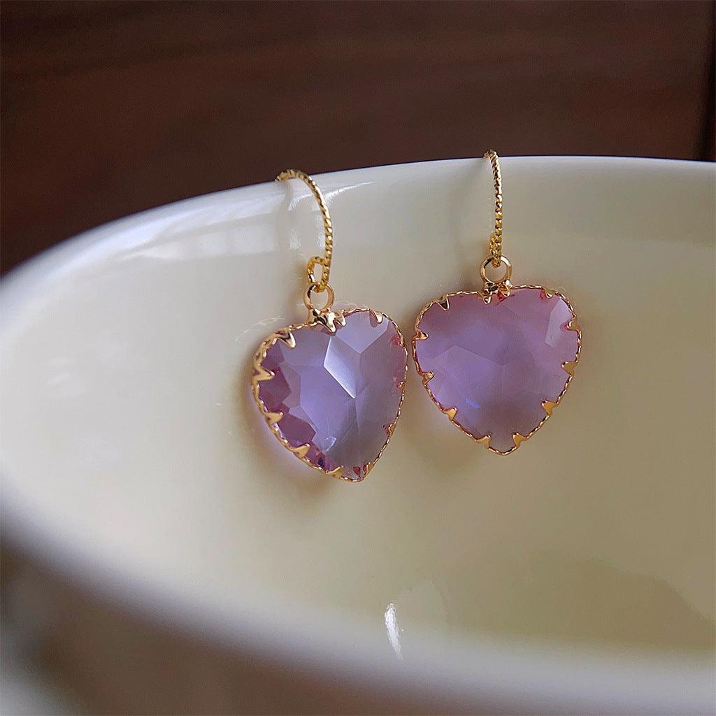 A廠-實物很閃! 玻璃水晶輕奢質感愛心鍍18K優雅高級感耳飾復古耳環女「3678」24.03-5