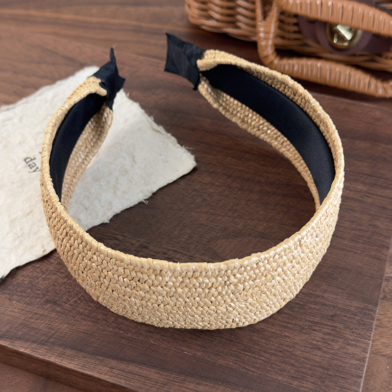 E廠-復古老錢風草編寬邊髮箍女高級感日常外戴頭箍高顱頂度假髮捆頭飾「26926」25.05-3