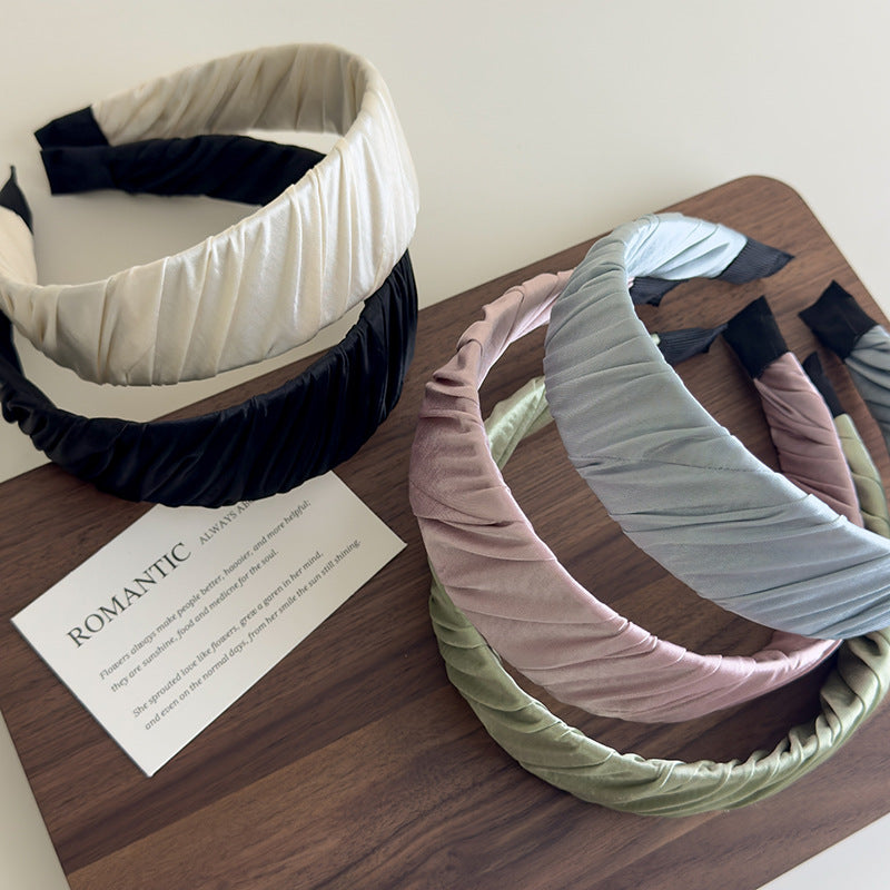 E廠-高品質低飽和度緞面質感褶皺髮箍女高顱頂布藝纏繞寬邊壓髮頭箍「27130」25.06-4