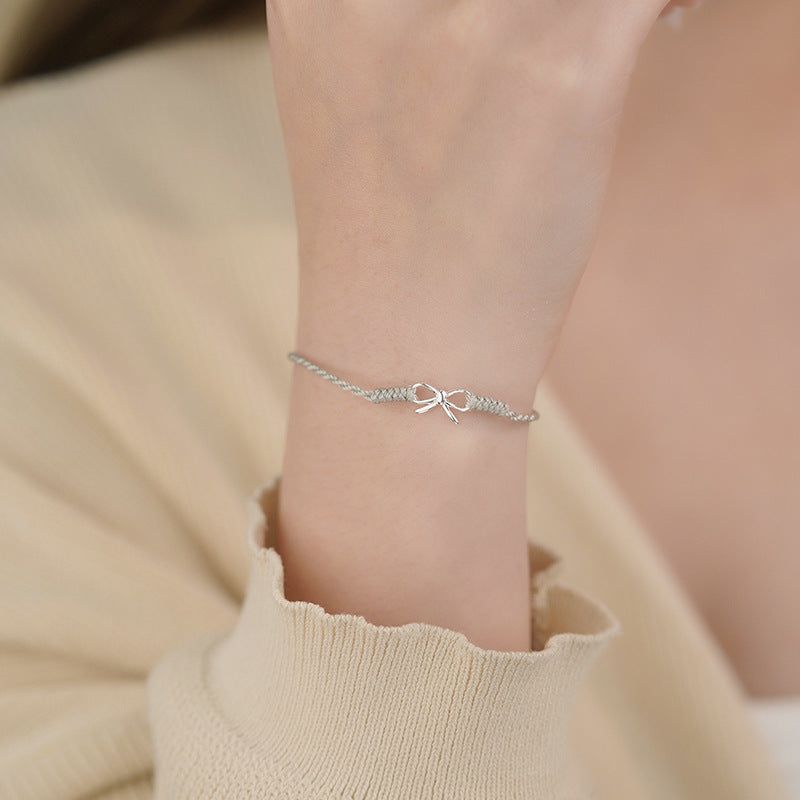 D廠-S925純銀ins蝴蝶結編繩手鍊女高級小眾清新甜美文藝編繩手飾「YC5134SL_1」25.04-3