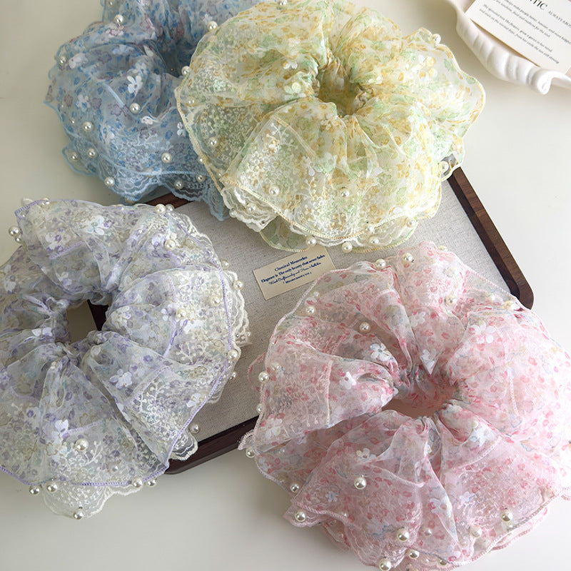 E廠-超仙蕾絲花朵珍珠大腸髮圈女高端大腸頭繩耐用皮筋精緻扎頭髮髮飾「27127」25.06-4