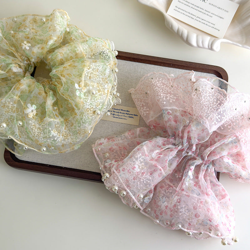 E廠-超仙蕾絲花朵珍珠大腸髮圈女高端大腸頭繩耐用皮筋精緻扎頭髮髮飾「27127」25.06-4