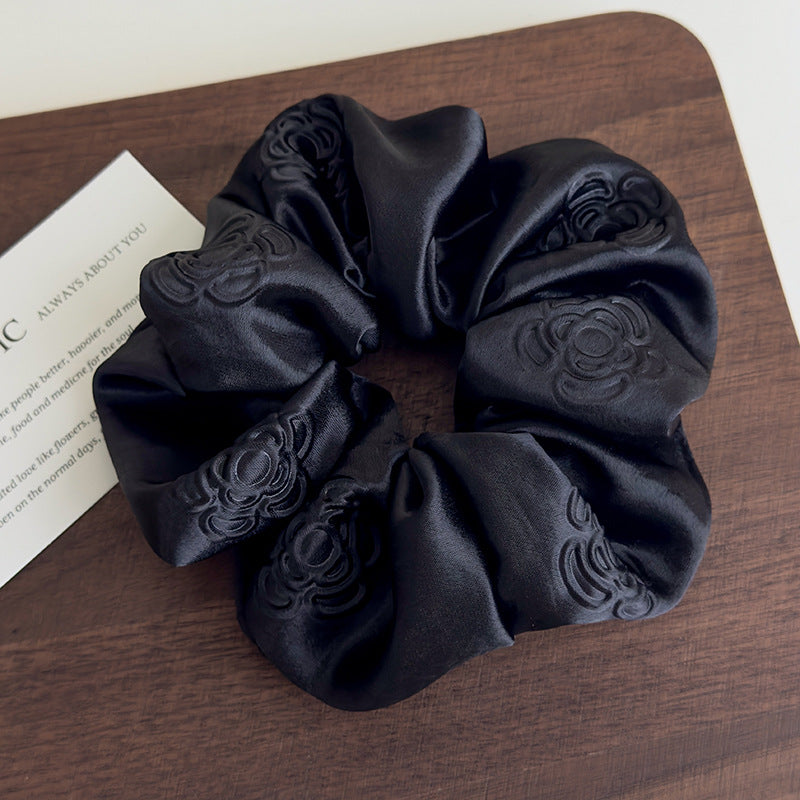 E廠-高級感純色輕奢立體壓花緞面大腸髮圈女慵懶風簡約百搭扎頭髮皮筋「27104」25.06-4