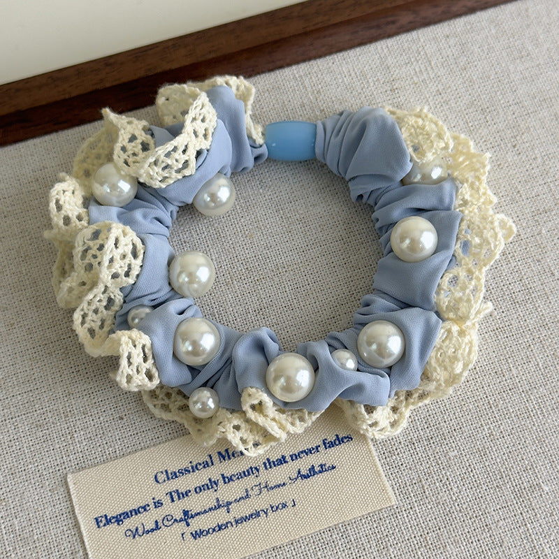 E廠-軟萌奶藍色蕾絲花邊珍珠髮圈甜美少女心大腸圈扎髮繩頭花皮筋頭飾「27115」25.06-4