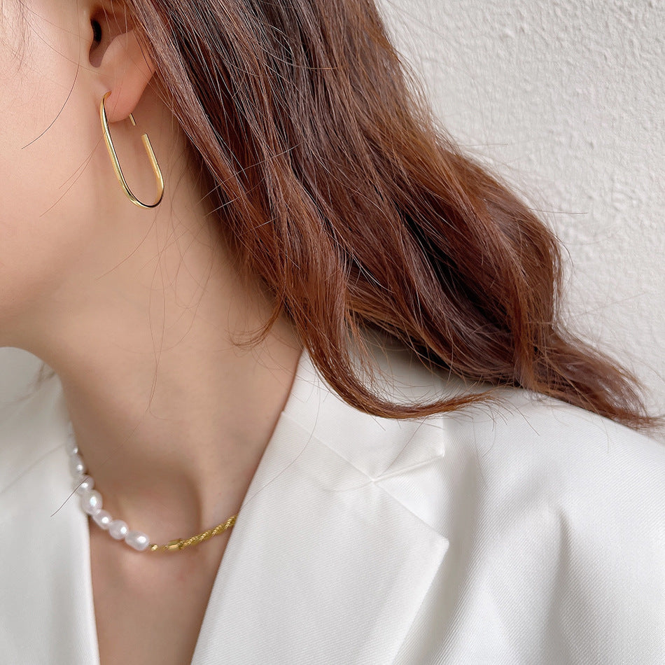 F廠-韓國韓版925純銀U形金色自然圓弧耳環耳圈通體純銀耳釘「C772」25.07-4