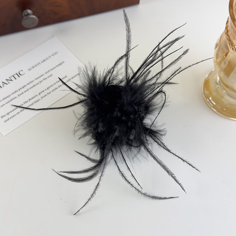 E廠-黑色羽毛高馬尾小抓夾女2025新款高級感毛毛鯊魚夾後腦勺半扎髮夾「26964」25.05-4