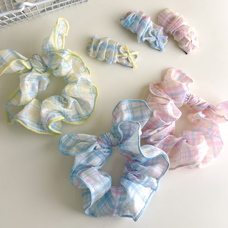 E廠-可愛奶油系淺色格子蝴蝶結大腸髮圈甜美珍珠蝴蝶結髮夾髮飾髮繩女「27114」25.06-4