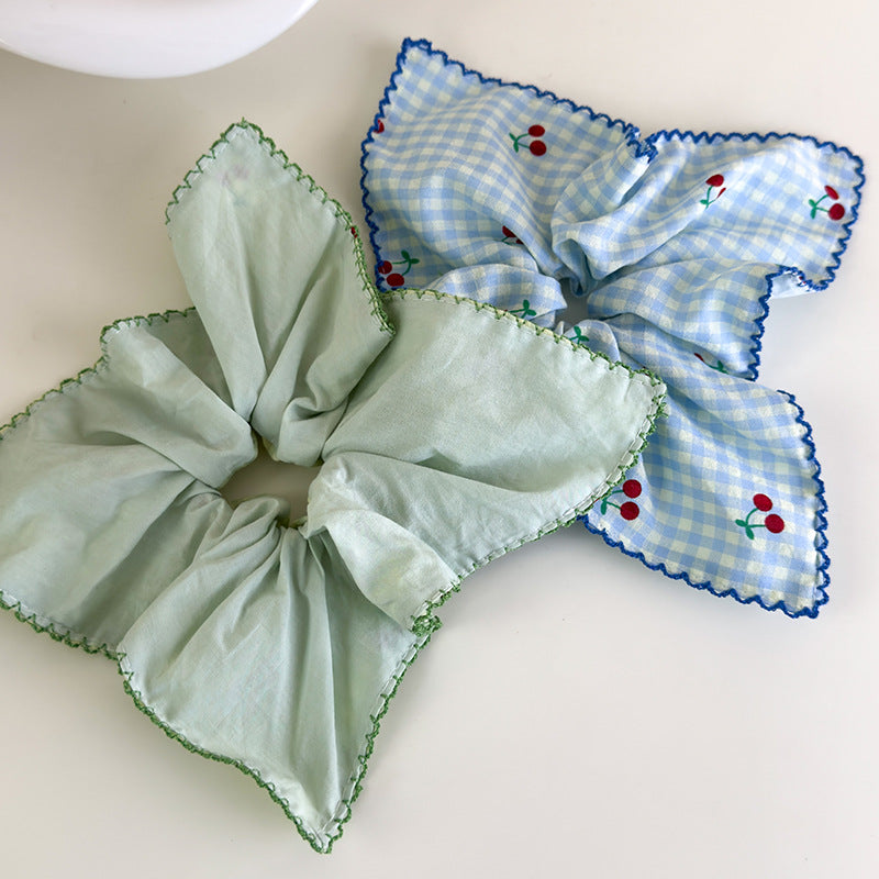 E廠-甜美韓國格子櫻桃方巾大腸髮圈女方形紮頭髮低馬尾髮繩頭繩髮飾品「27018」25.05-5