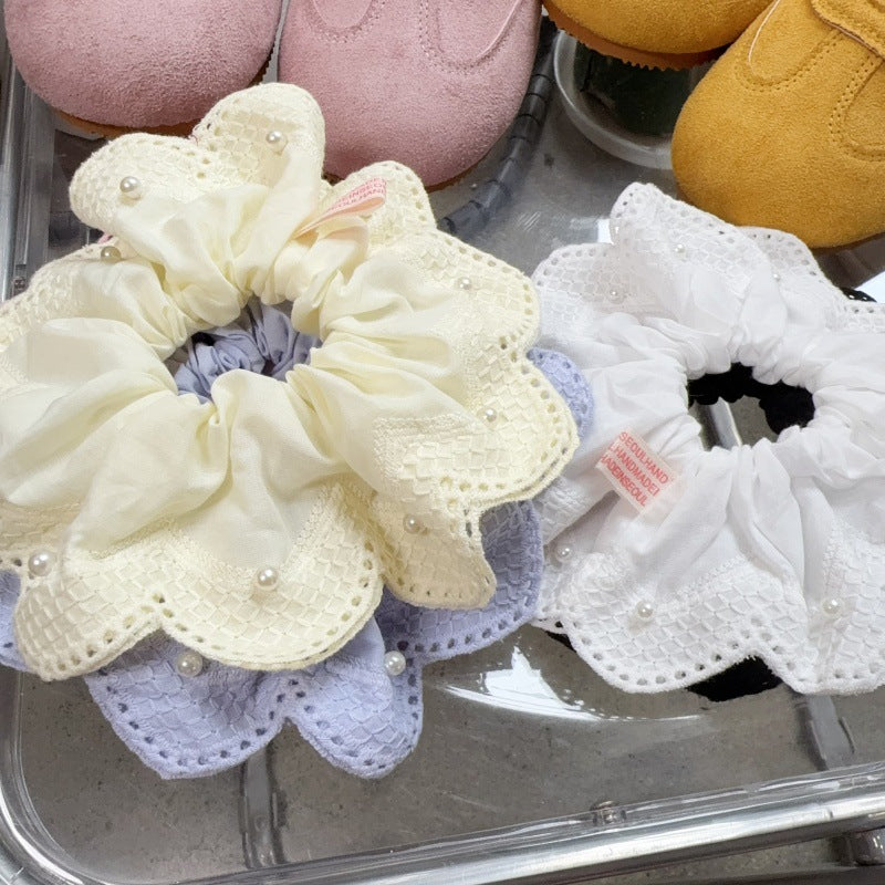 E廠-韓國小清新珍珠刺繡蕾絲大腸髮圈2025新款扎馬尾氣質髮飾丸子頭繩「27076」25.06-3