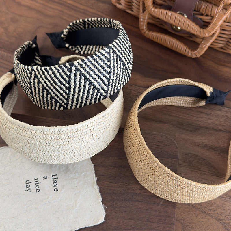 E廠-復古老錢風草編寬邊髮箍女高級感日常外戴頭箍高顱頂度假髮捆頭飾「26926」25.05-3