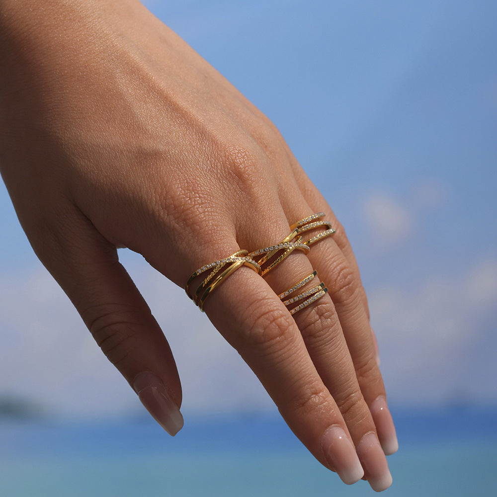 B廠-5A鋯石超細三層戒指不鏽鋼真空電鍍18K真金開口可調節飾品「A035-A043」25.04-4