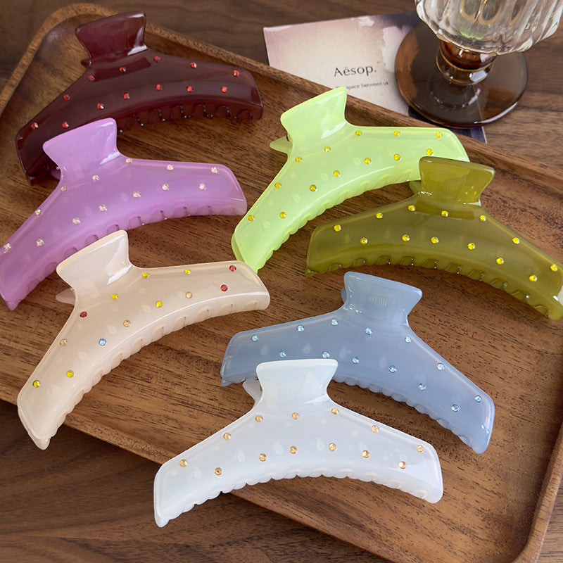 E廠-韓版髮飾頭飾氣質甜美清透感鑲鑽壓克力抓夾髮抓春夏彩色樹脂抓夾「27015」25.05-5