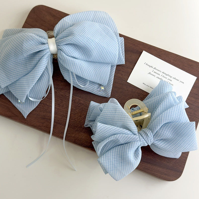 E廠-韓系夏季薄紗藍色細格紋水晶吊墜蝴蝶結抓夾馬尾夾少女百搭鯊魚夾「27108」25.06-4