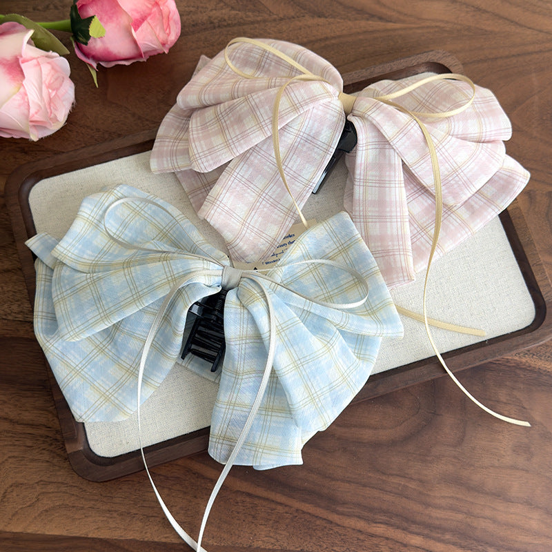 E廠-2025新款甜美格子蝴蝶結絲巾馬尾夾後腦勺夾子頭飾高級感髮飾抓夾「27132」25.06-4