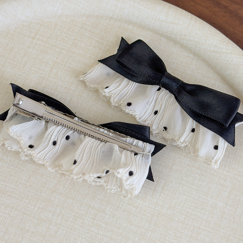 E廠-韓系溫柔布藝點點蕾絲花邊蝴蝶結髮夾側邊夾瀏海夾子甜美ins頭飾「27014」25.05-5