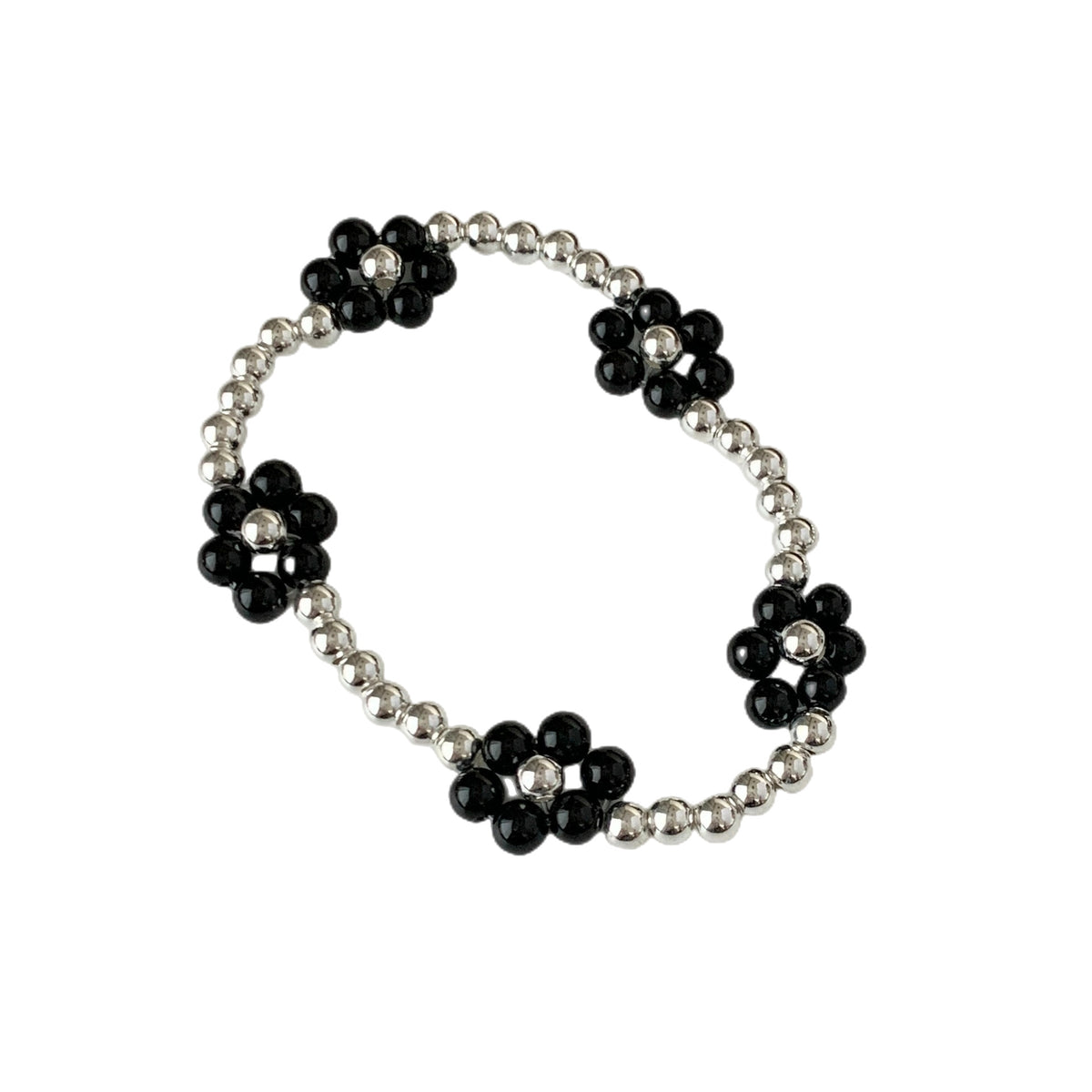 C廠-韓式個性甜美小清新S925純銀圓珠黑瑪瑙花朵彈力繩手鍊戒指通體銀「JA64-SD43」25.04-3