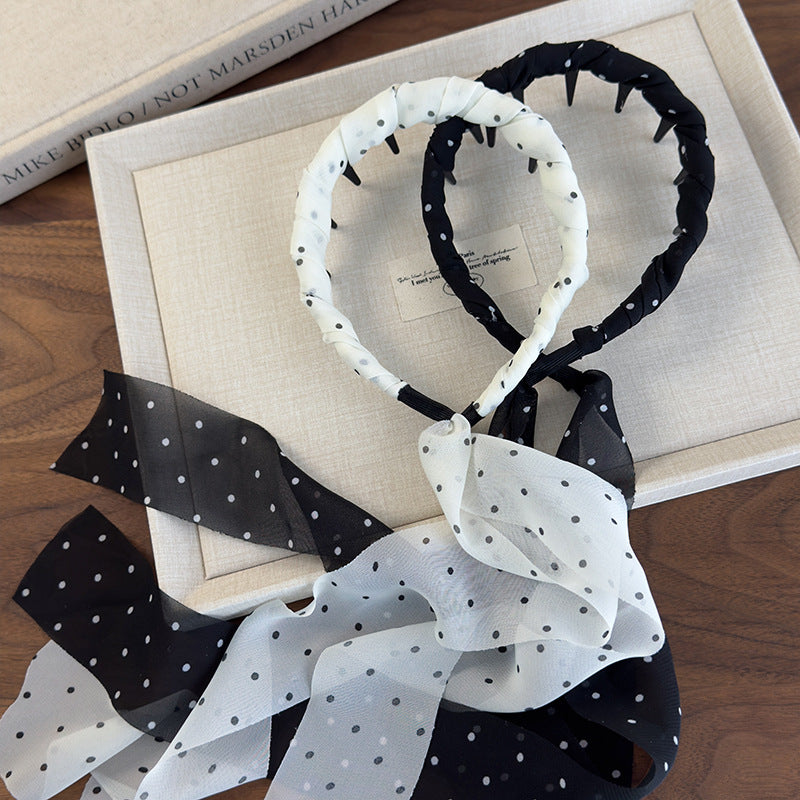 E廠-波點飄帶髮箍女2025新款高顱頂頭箍一體式綁頭髮帶甜美髮卡子頭飾「26803」 25.04-3