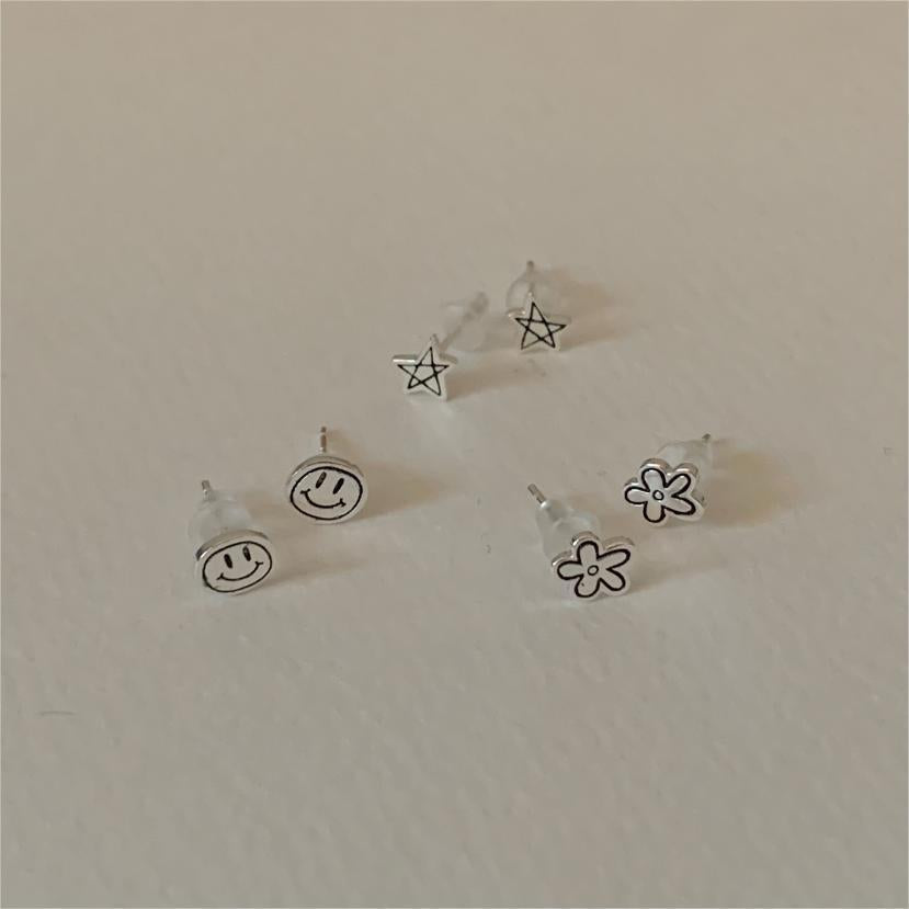 F廠-韓國韓版925純銀笑臉星星花朵耳環耳扣簡約冷淡風氣質ins「C1253」25.08-3