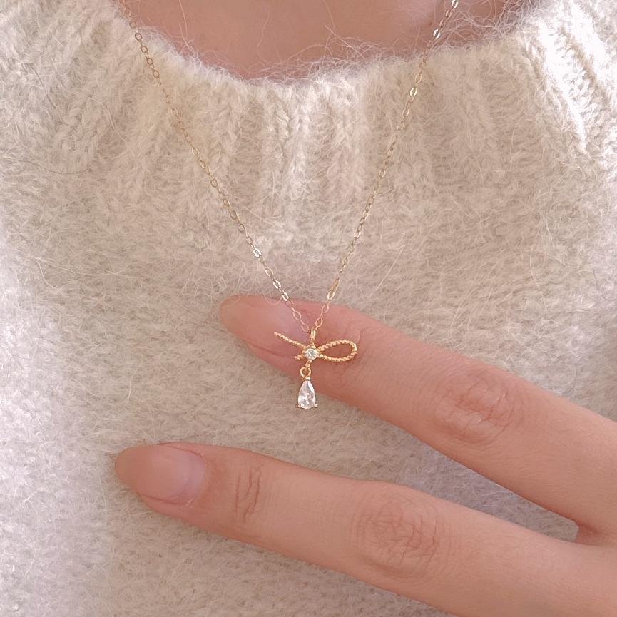 F廠-韓國韓版925純銀蝴蝶結鋯石項鍊氣質ins百搭小紅書項鍊「B1331」25.08-1