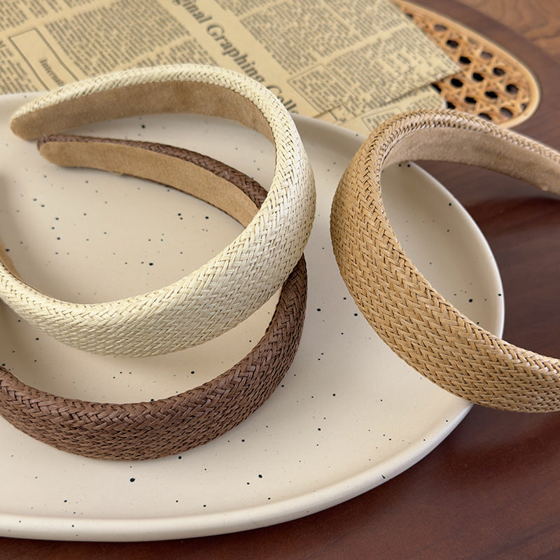 E廠-韓國ins夏季草編拉菲草寬邊髮箍百搭氣質純色頭箍壓髮髮卡髮飾女「27011」25.05-5