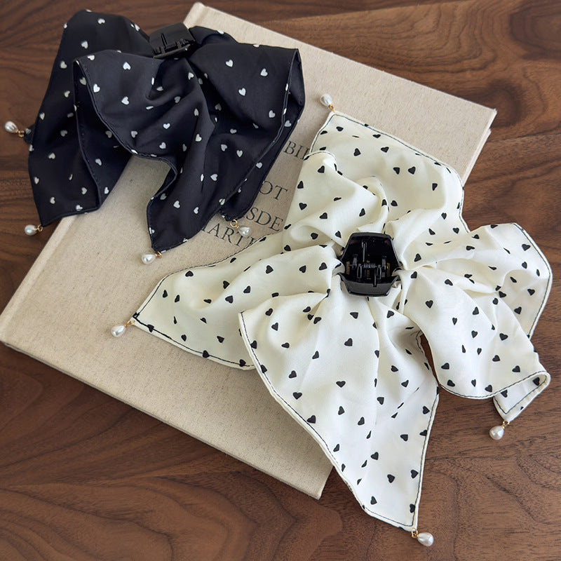 E廠-愛心波點吊珠抓夾女大號方巾馬尾夾優雅氣質後腦勺髮夾子半扎髮飾「27100」25.06-3