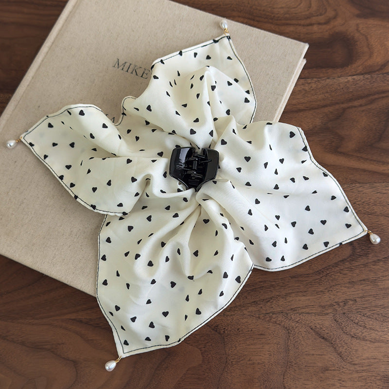 E廠-愛心波點吊珠抓夾女大號方巾馬尾夾優雅氣質後腦勺髮夾子半扎髮飾「27100」25.06-3