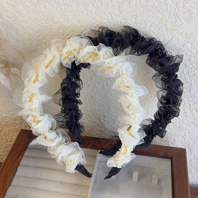 E廠-網紗褶皺蕾絲珠珠髮箍女2025新款壓髮髮卡高顱頂洗臉頭箍頭飾髮捆「26704」25.03-4