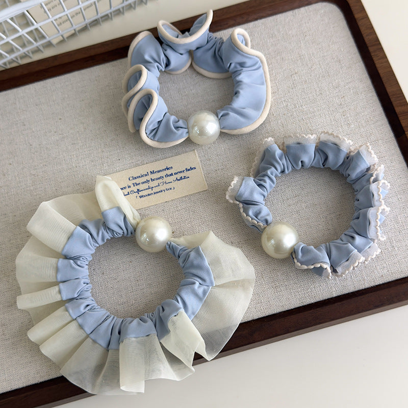 E廠-軟萌奶藍色蕾絲花邊珍珠髮圈甜美少女心大腸圈扎髮繩頭花皮筋頭飾「27115」25.06-4