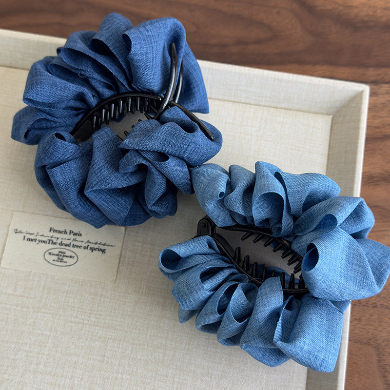 E廠-顯髮量神器!甜酷牛仔布藝褶皺泡泡蓬松丸子夾丸子頭神器馬尾夾女「27098」25.06-3