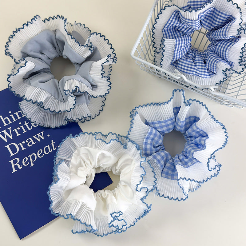 E廠-藍色系格子大腸髮圈雙層蕾絲花邊丸子頭馬尾髮繩甜美小清新髮飾「26437 26844」25.05-1