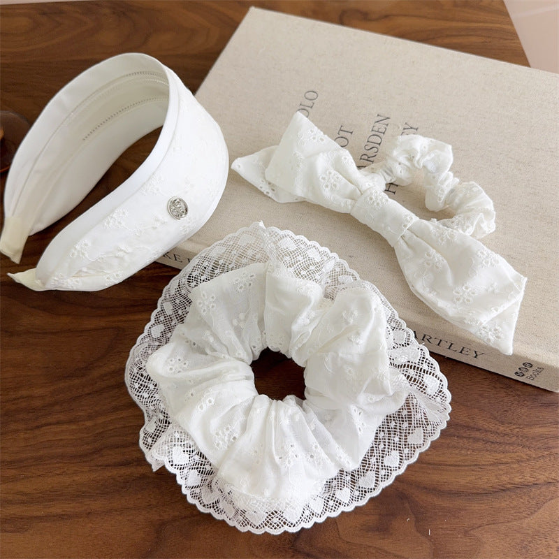 E廠-白色刺繡蕾絲花紋大腸髮圈髮箍扎頭繩蝴蝶結丸子頭氛圍感髮繩頭飾「27075」25.06-2