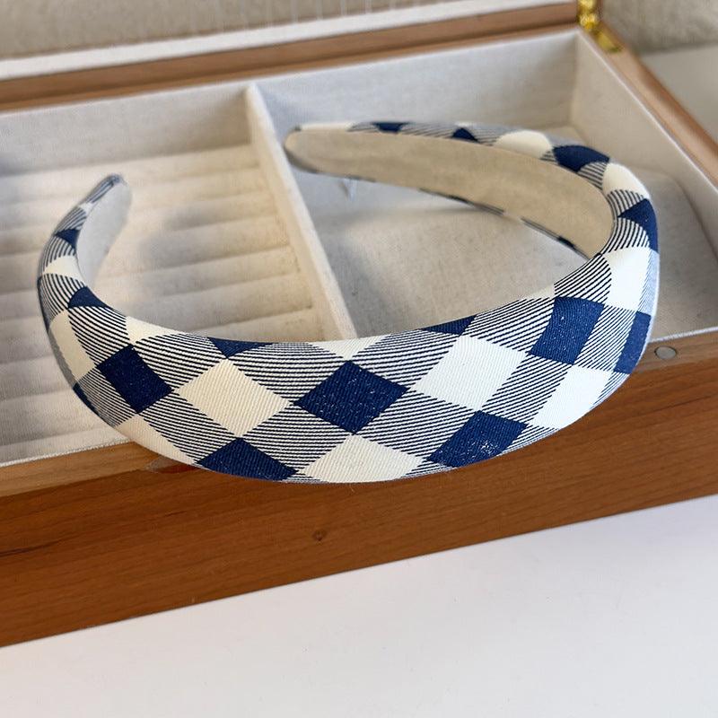 E廠-藍色系格紋蝴蝶結海綿髮箍女生學院風高顱頂頭箍2025新款寬邊頭箍「26441 26422」25.01-1