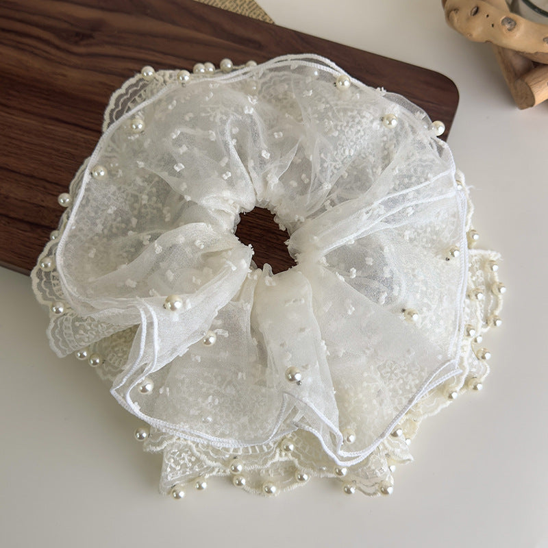 E廠-白色網紗裙擺珍珠蕾絲大腸髮圈2025新款超大號扎頭髮頭花髮繩髮飾「27129」25.06-4