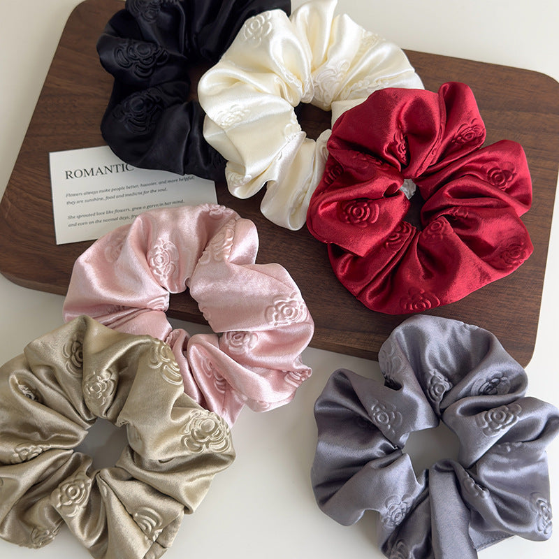 E廠-高級感純色輕奢立體壓花緞面大腸髮圈女慵懶風簡約百搭扎頭髮皮筋「27104」25.06-4