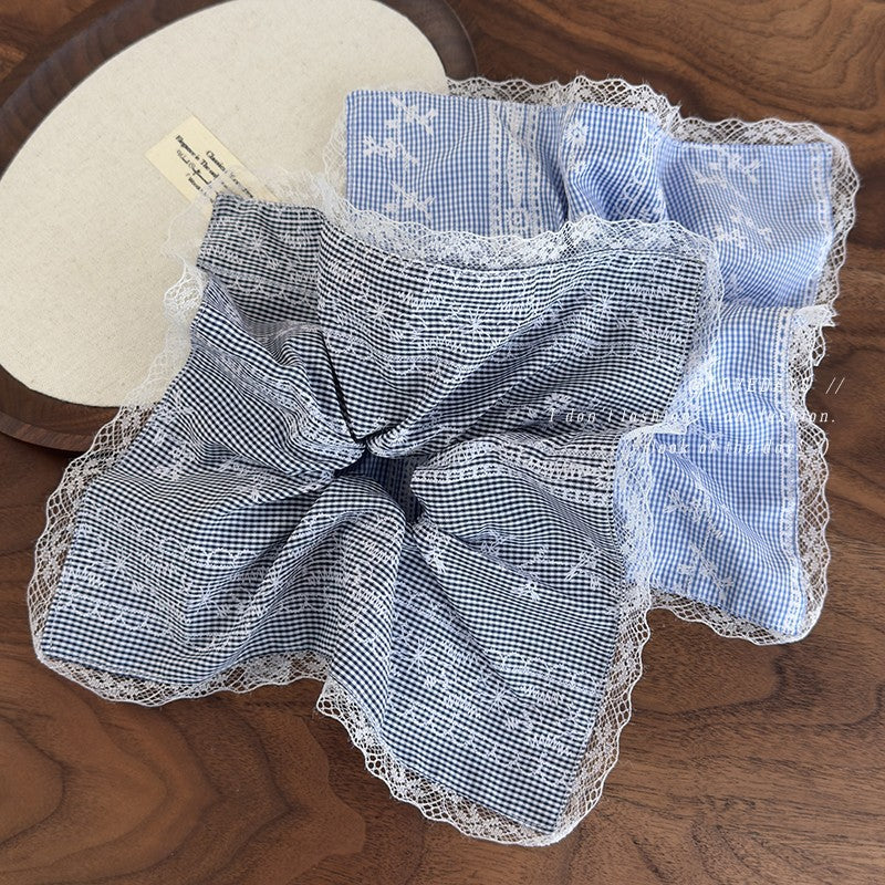 E廠-淺藍色蕾絲刺繡方巾大腸髮圈女清新扎頭髮丸子頭髮繩側低馬尾頭繩「26917」25.05-2