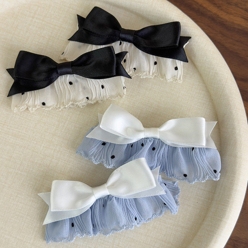 E廠-韓系溫柔布藝點點蕾絲花邊蝴蝶結髮夾側邊夾瀏海夾子甜美ins頭飾「27014」25.05-5