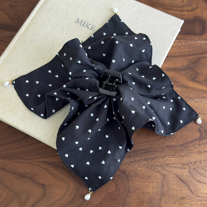 E廠-愛心波點吊珠抓夾女大號方巾馬尾夾優雅氣質後腦勺髮夾子半扎髮飾「27100」25.06-3