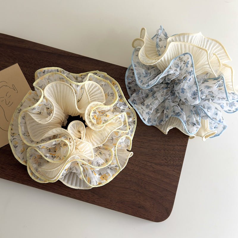 E廠-泡泡紗碎花雙層褶皺花邊大腸髮圈女扎頭髮低馬尾皮筋丸子頭繩髮飾「27063」25.06-2