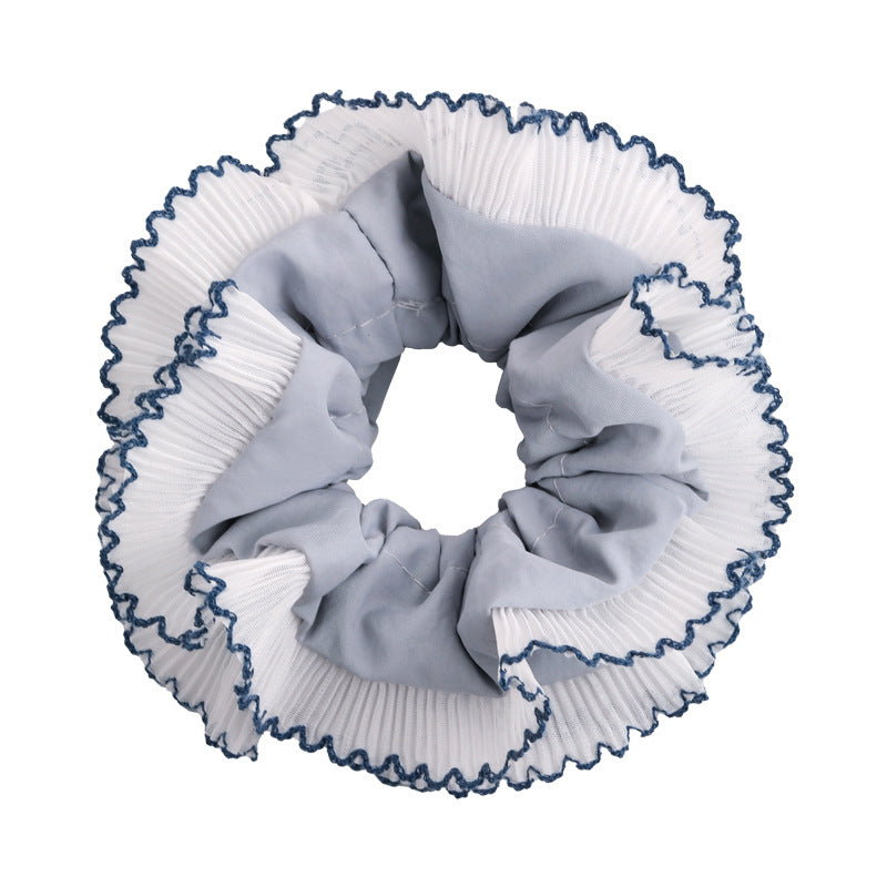 E廠-藍色系格子大腸髮圈雙層蕾絲花邊丸子頭馬尾髮繩甜美小清新髮飾「26437 26844」25.05-1