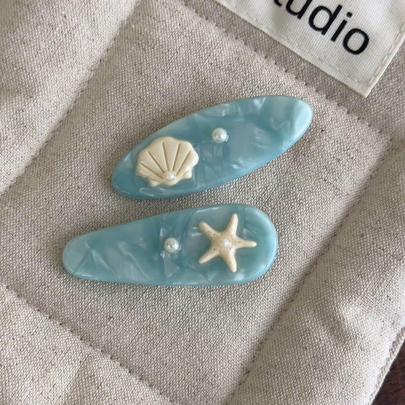 E廠-海藍色貝殼海星醋酸高級感邊夾化妝夾可愛度假風髮夾瀏海夾碎髮夾「27068」25.06-2