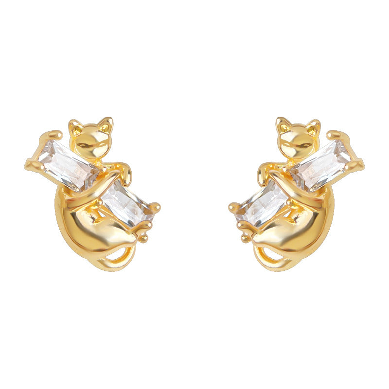 A廠-原創貓咪鑲嵌鋯石925銀針耳環高級感個性小眾ins設計師耳飾耳釘「6991」25.10-5