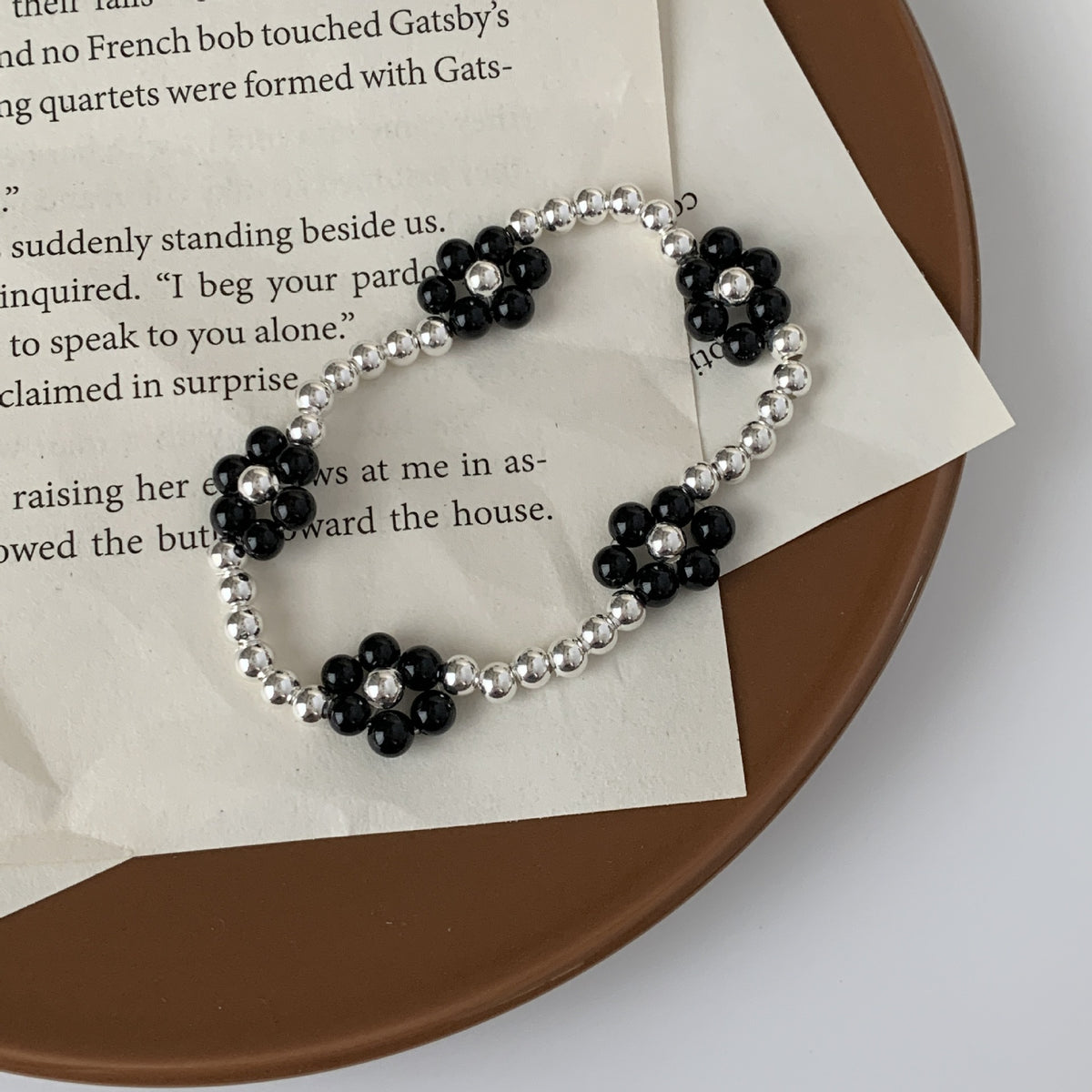 C廠-韓式個性甜美小清新S925純銀圓珠黑瑪瑙花朵彈力繩手鍊戒指通體銀「JA64-SD43」25.04-3